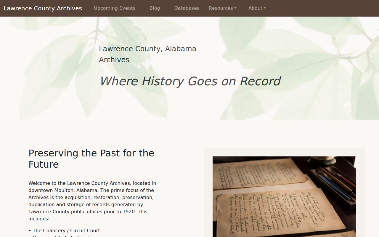 Lawrence County Archives building in Moulton Alabama for genealogy research