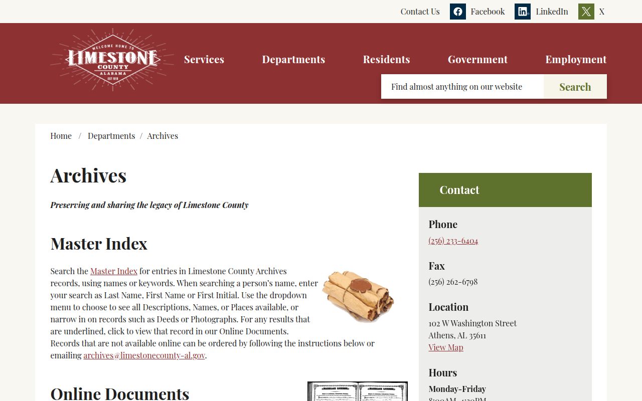 Limestone County Archives building in Athens Alabama for genealogy research