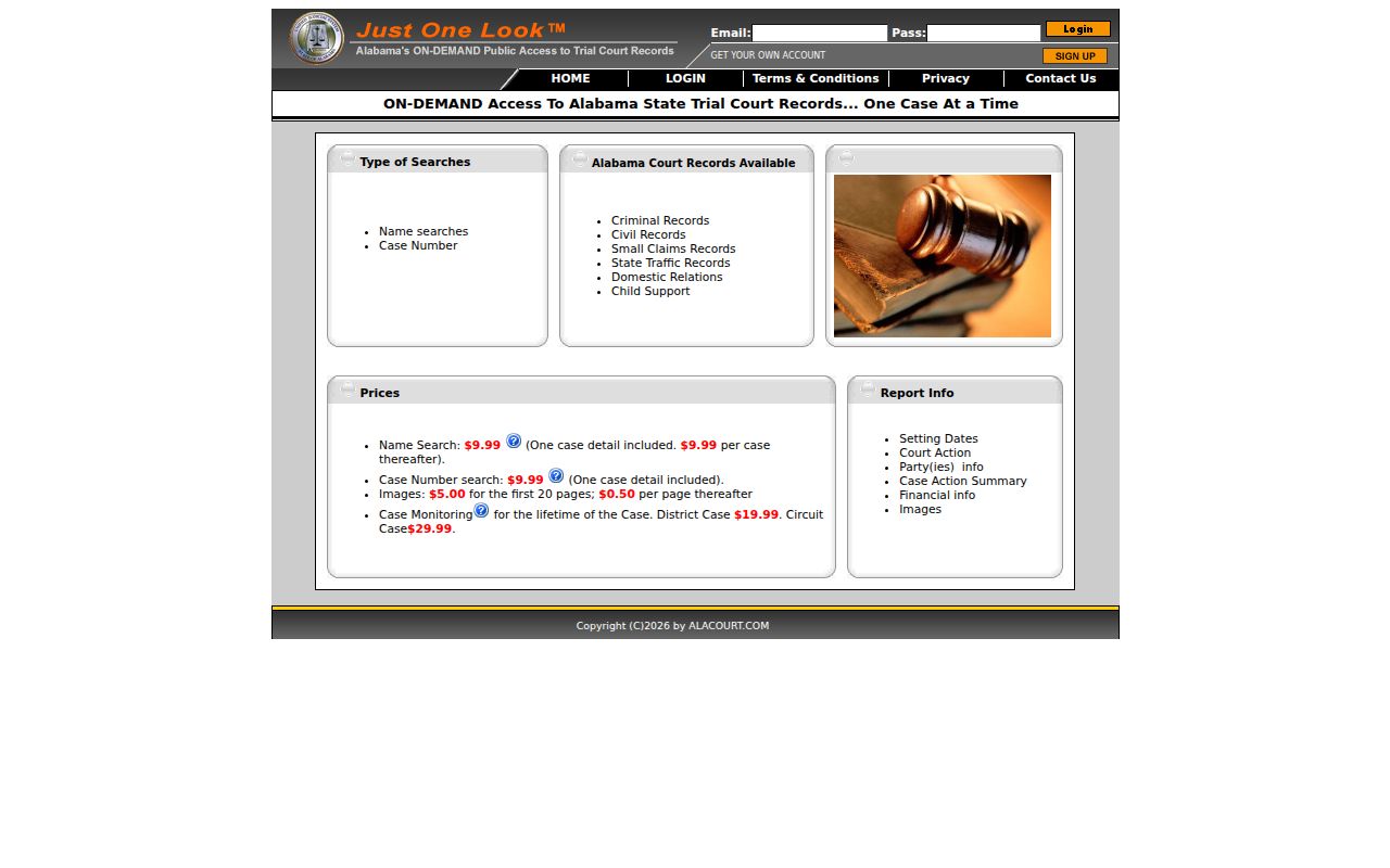 AlacourtAccess portal for searching Alabama court records