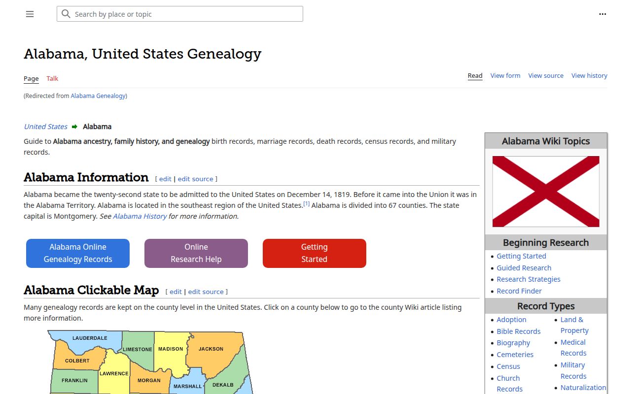 FamilySearch Alabama genealogy wiki page